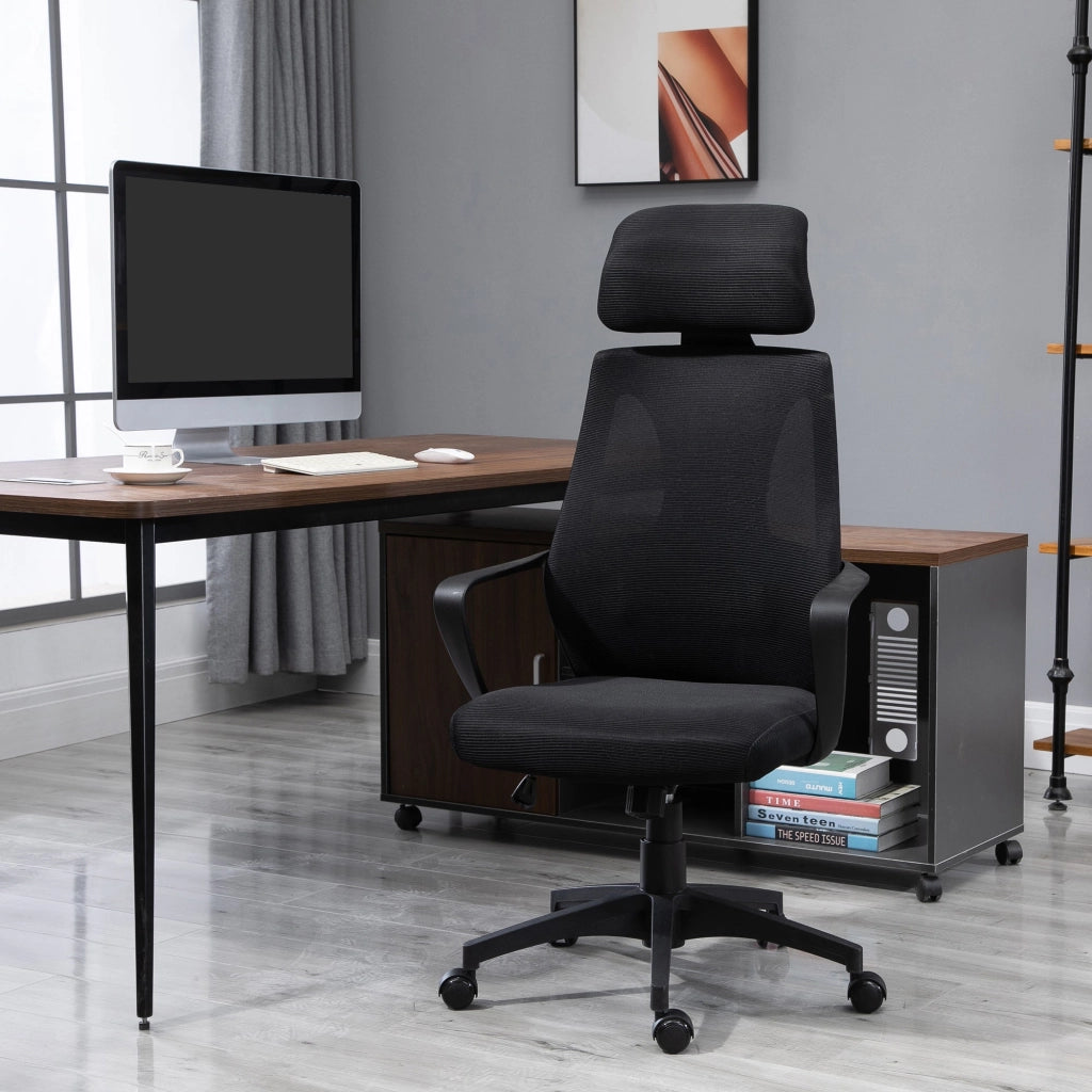 Sedia Operativa da Ufficio Reclinabile con Poggiatesta e Supporto Lombare 64x55x116-126 cm Nero