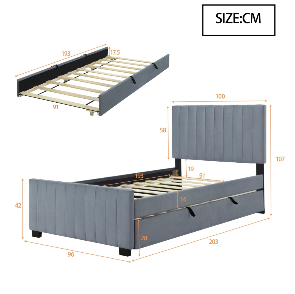 Letto imbottito singolo 90x190 cm con letto estraibile in velluto grigio