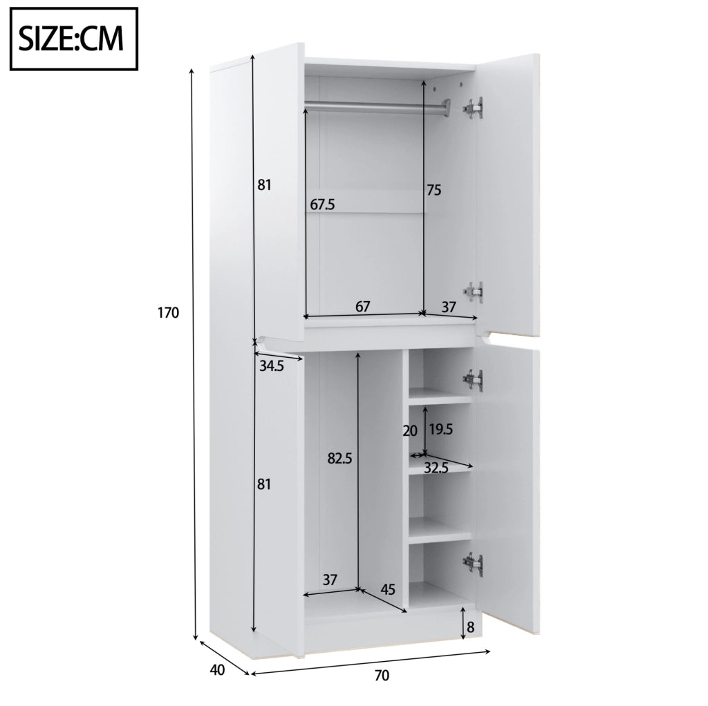 Armadio a doppia anta 70 x 40 x 170 cm con vano inferiore e ripiani; bianco in legno
