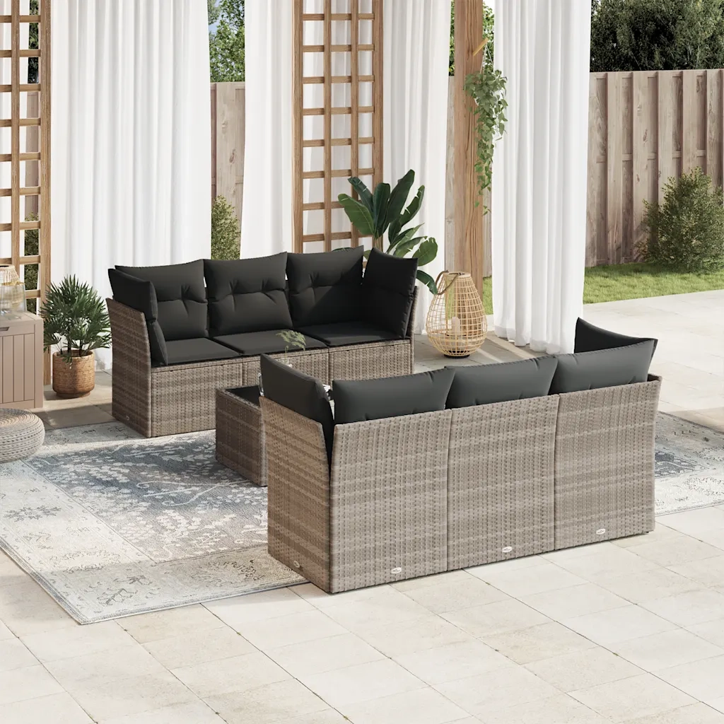 Set Divani da Giardino 7pz con Cuscini Grigio Chiaro Polyrattan