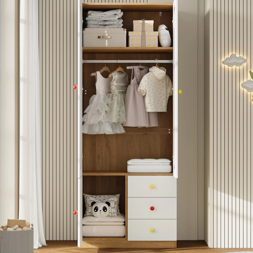 Armadio per bambini, 3 cassetti, maniglie in ceramica colorata, finitura effetto legno, bianco