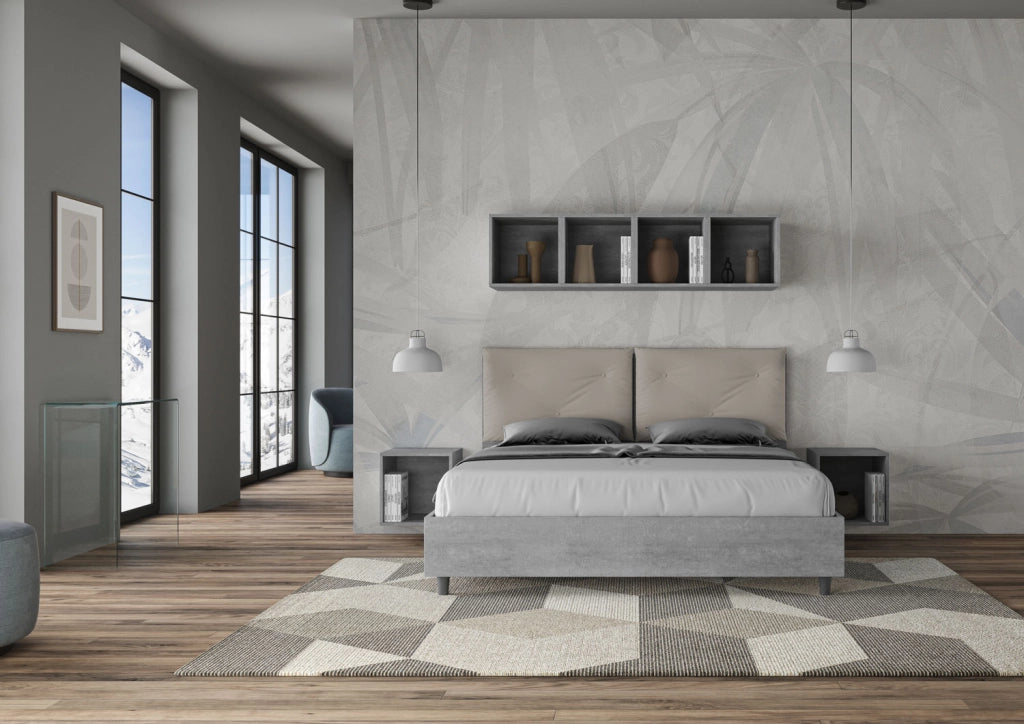 BS COM Letto matrimoniale contenitore doppia alzata 160x200 Cemento cuscini similpelle tortora