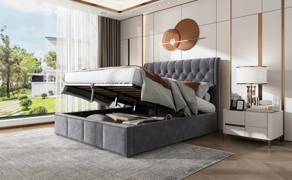 Letto 140x200 cm - Xylo - Velluto, Idraulico, Rivetti, Grigio