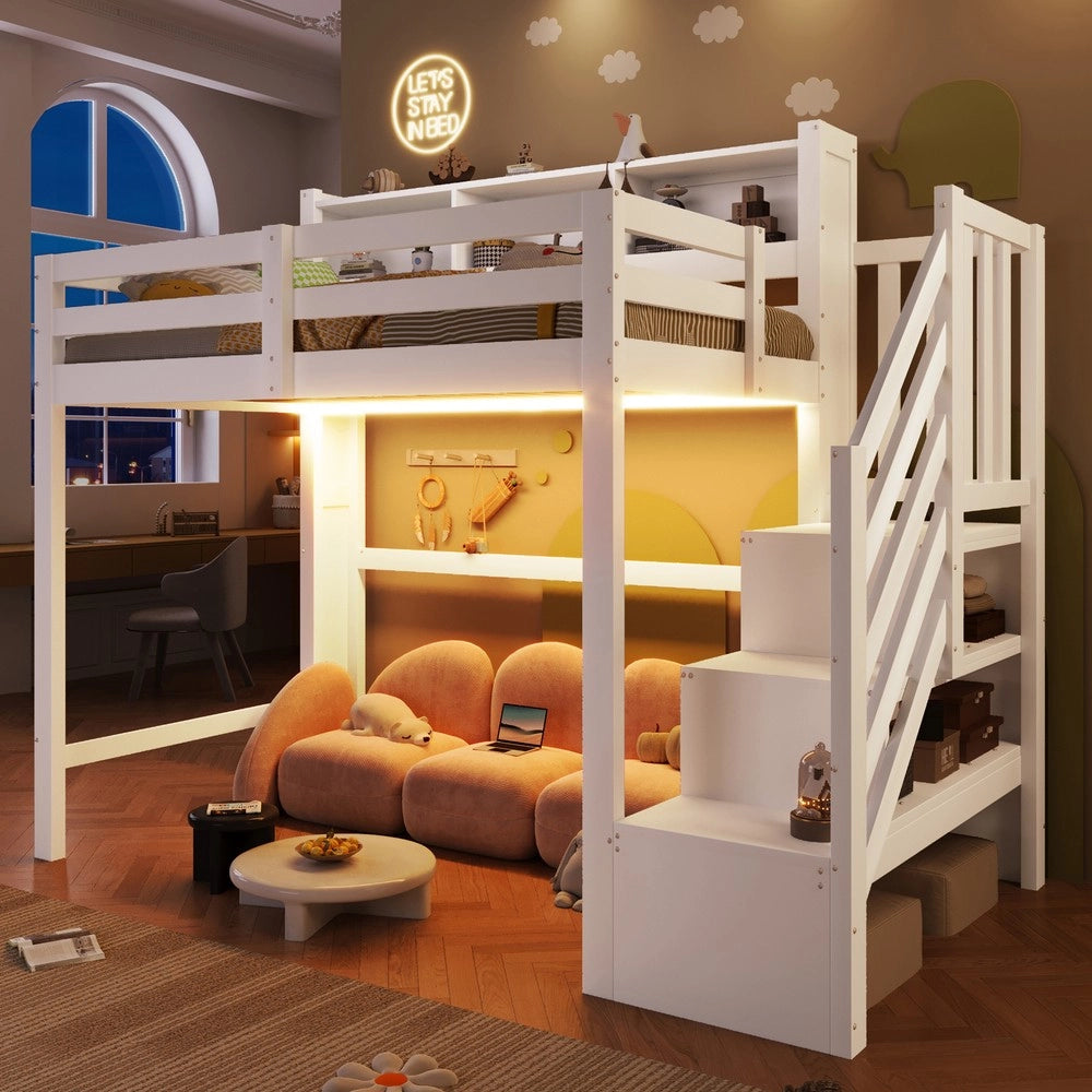 Letto a Soppalco con LED e Contenitore ¨C MINIMAL ¨C Bianco 90x200