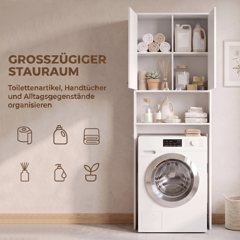 Mobile per lavatrice, mobile alto da bagno con 2 ante e vano a giorno, 66 x 24 x 191 cm, bianco
