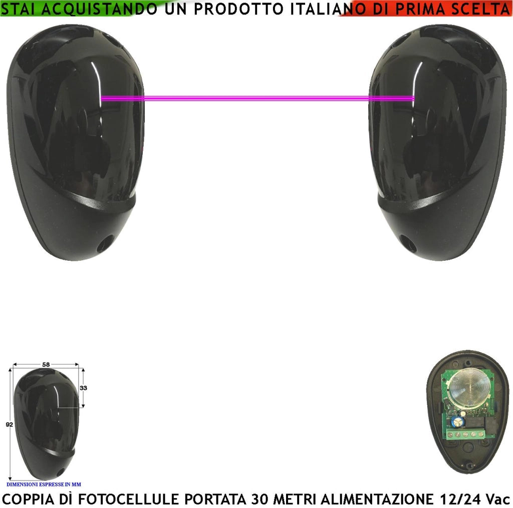 Coppia Fotocellula Controllo di Sicurezza per Cancello Elettrico Automatico Portata 30 Metri Lineari Montaggio a Parete o Palina Alimentazione 12/24 Vac