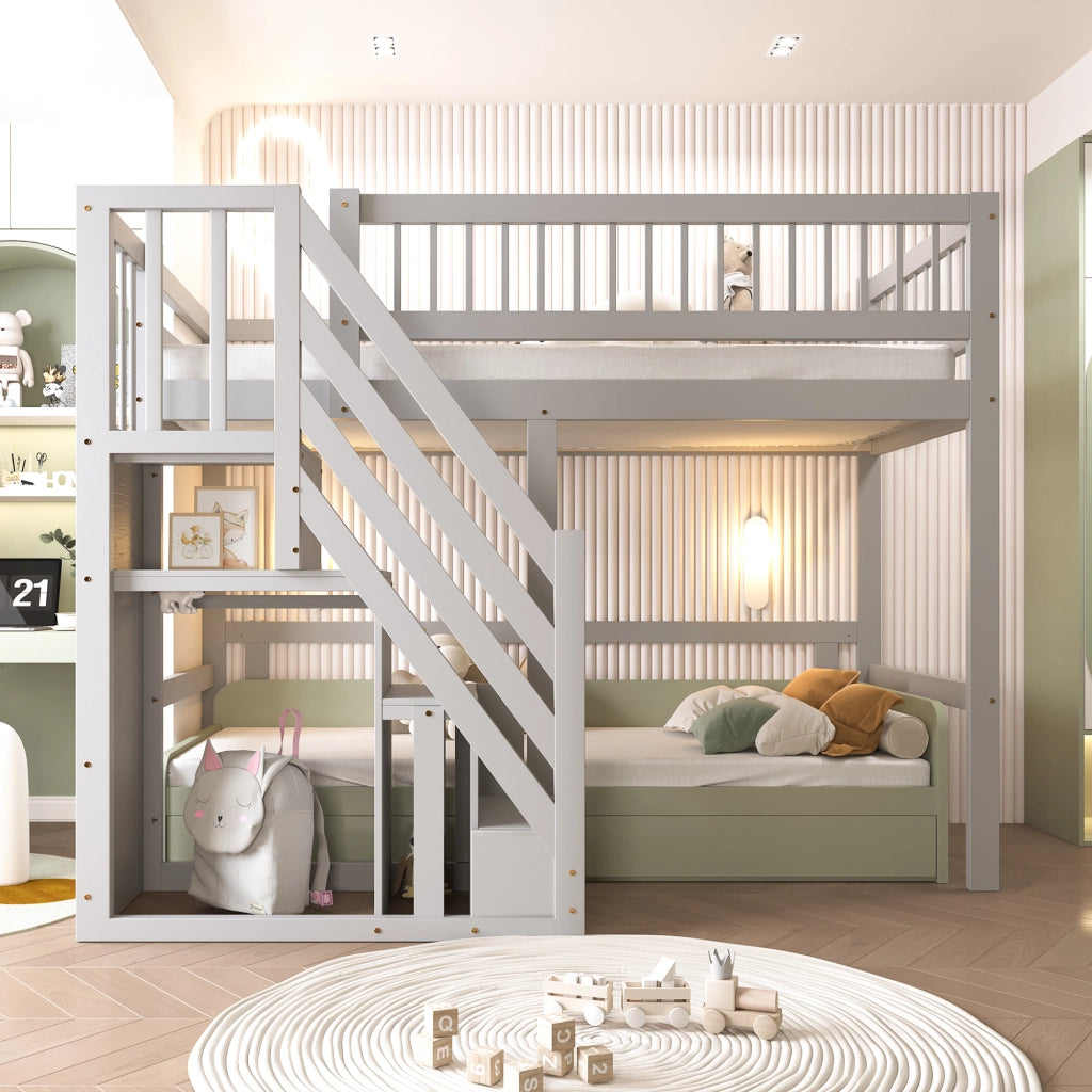 Letto a soppalco in legno massello con scala contenitore e recinzione alta; grigio; 90x200 cm; senza materasso