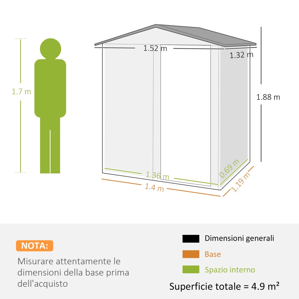 Casetta da Giardino Porta Attrezzi in Acciaio con Tetto Inclinato e 4 Prese d'Aria, 152x132x188 cm, Grigio