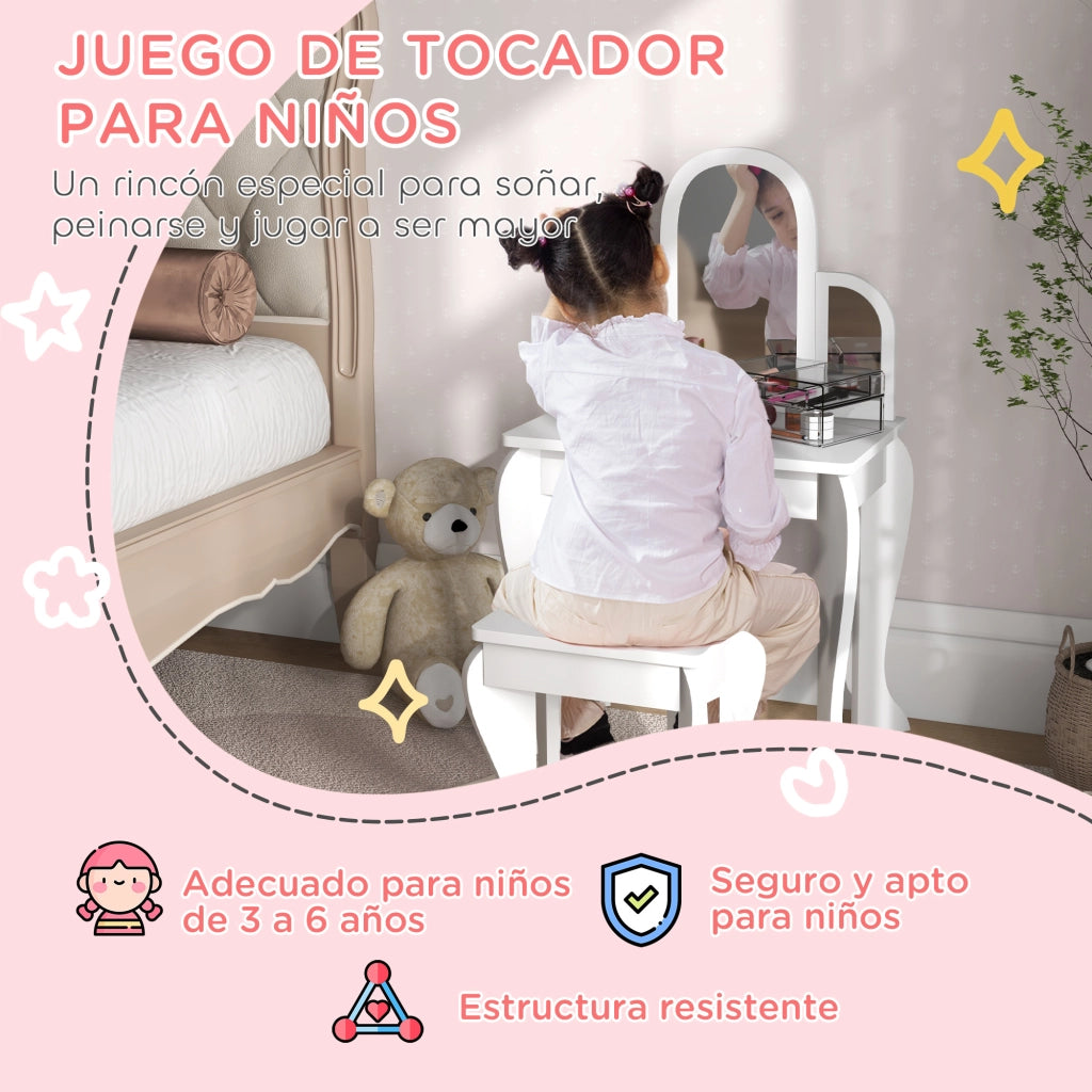Tocador per Bambini con Specchio e Sgabello ¨C Minimal ¨C Bianco 3-6 Anni