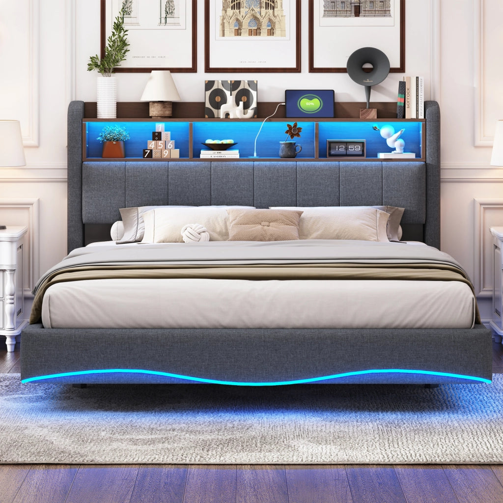 LETTO Imbottito 160x200 cm Grigio con LED, USB e Type-C
