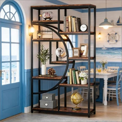 LIBRERIA geometrica a 9 ripiani aperti metallo nero e legno marrone rustico