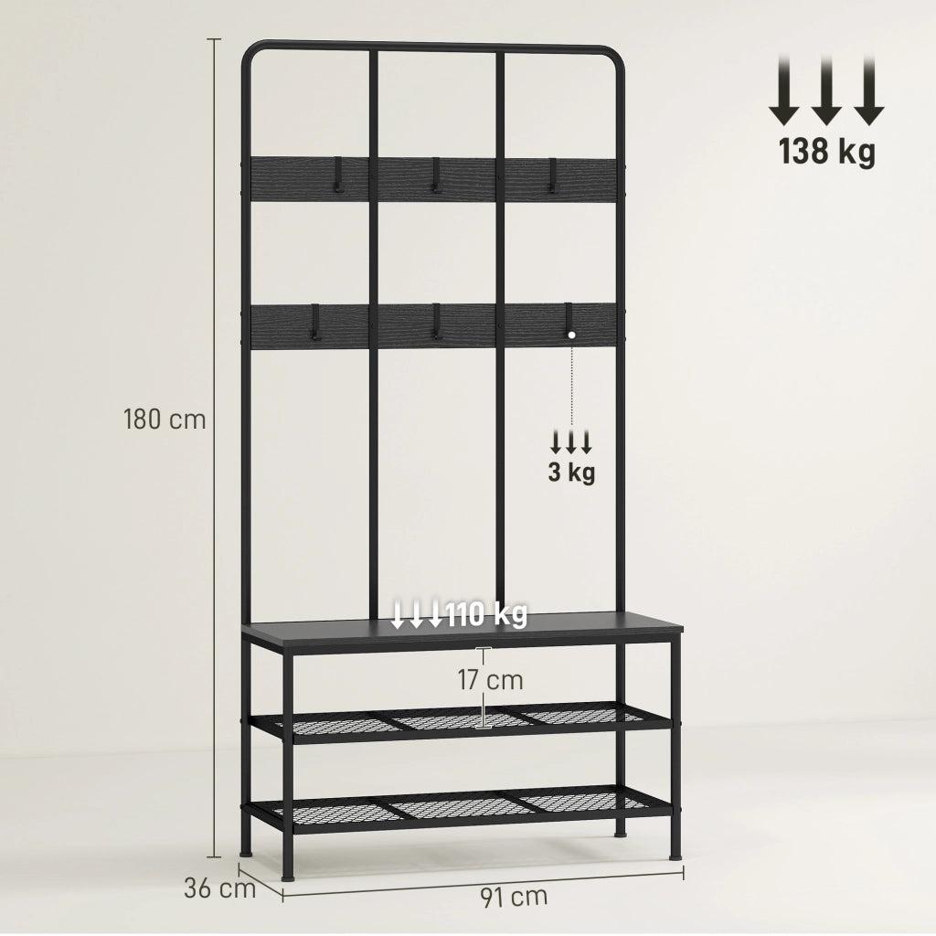 Mobile Ingresso 3-in-1 ¨C Xylo ¨C Appendiabiti Panca Scarpiera Metallo Nero