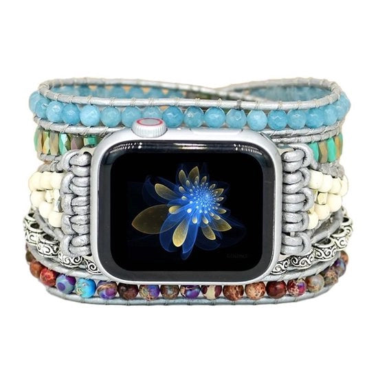 Orologio a Cuffie a Mano Fatto a Maglia Boho - Pietra Naturale/Fibra - Compatibile con Apple Watch 38mm/40mm/41mm/42mm/44mm/45mm - Adatto per polsiere da 6,3 a 7,2 pollici - Disegno Intrecciato - Cinturino per Orologio