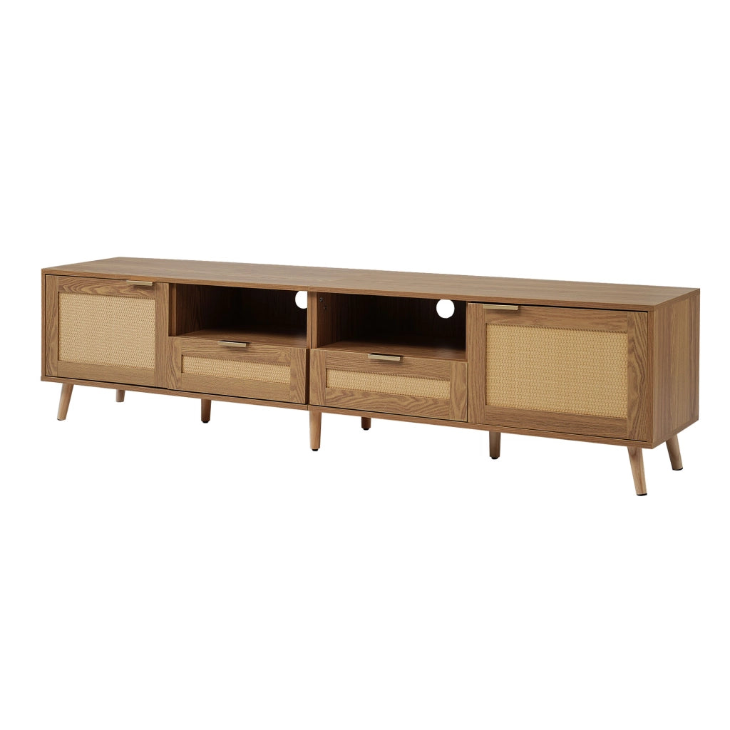 Mobile TV in truciolare effetto rovere con dettagli in rattan sintetico, 200x37x49 cm, 2 ante, 2 cassetti, gambe regolabili, montaggio facile