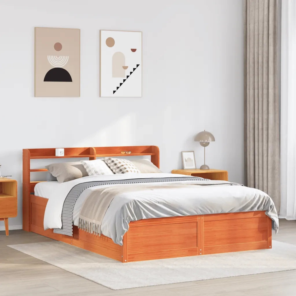 Letto matrimoniale | Letto per adulti | Giroletto con Testiera Marrone Cera 135x190 cm Massello Pino
