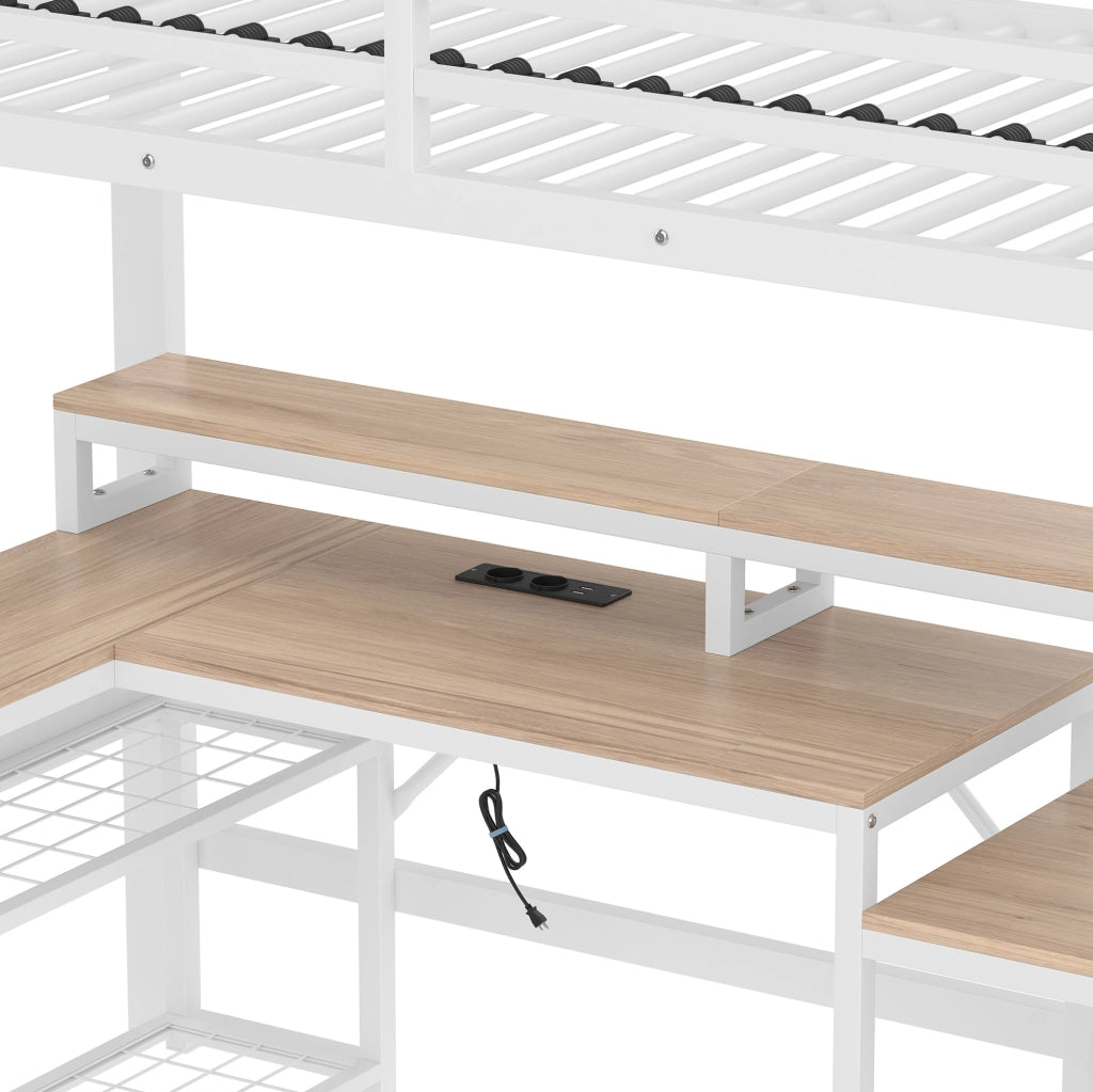Letto a soppalco 90x200 cm con scrivania, LED e USB, struttura in metallo bianca