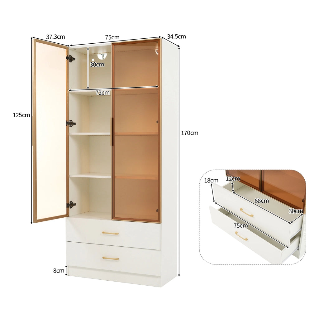 Armadio da bagno 75x34.5x170 cm con vani aperti e vetro temperato in MDF bianco