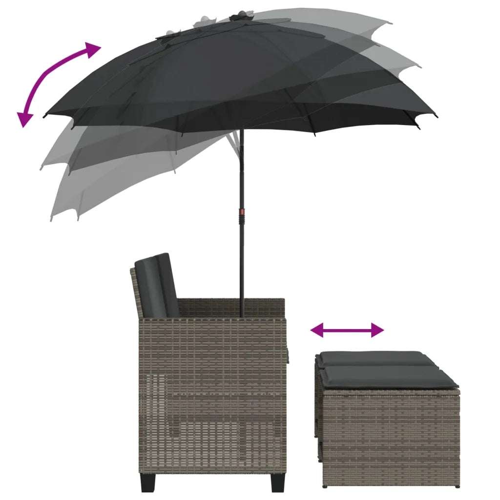 Divano Giardino 2 Posti-Sofa da Giardino-Divanetto da esterno Ombrellone e Sgabelli Grigio Polyrattan