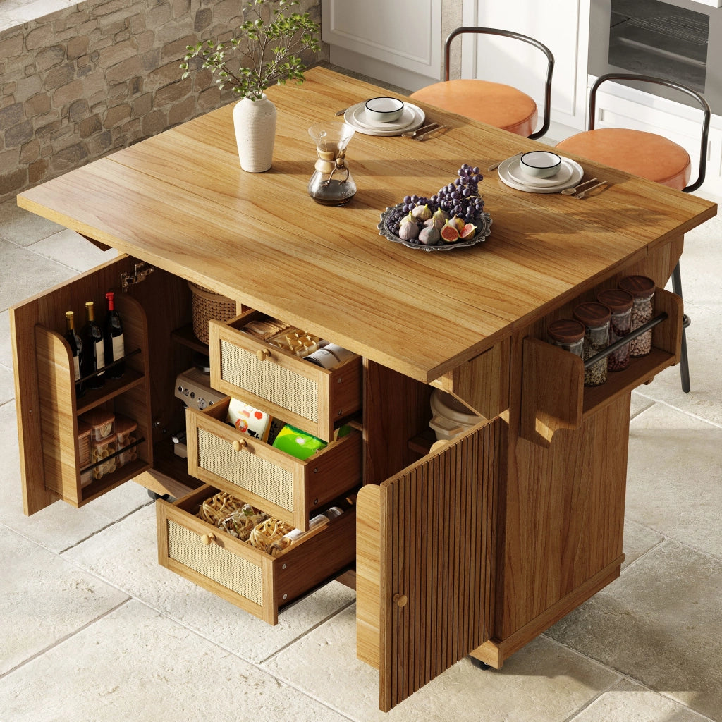 Carrello da cucina, credenza da cucina, mobile da cucina, con rotelle, piano di lavoro ribaltabile, 3 cassetti, colore marrone