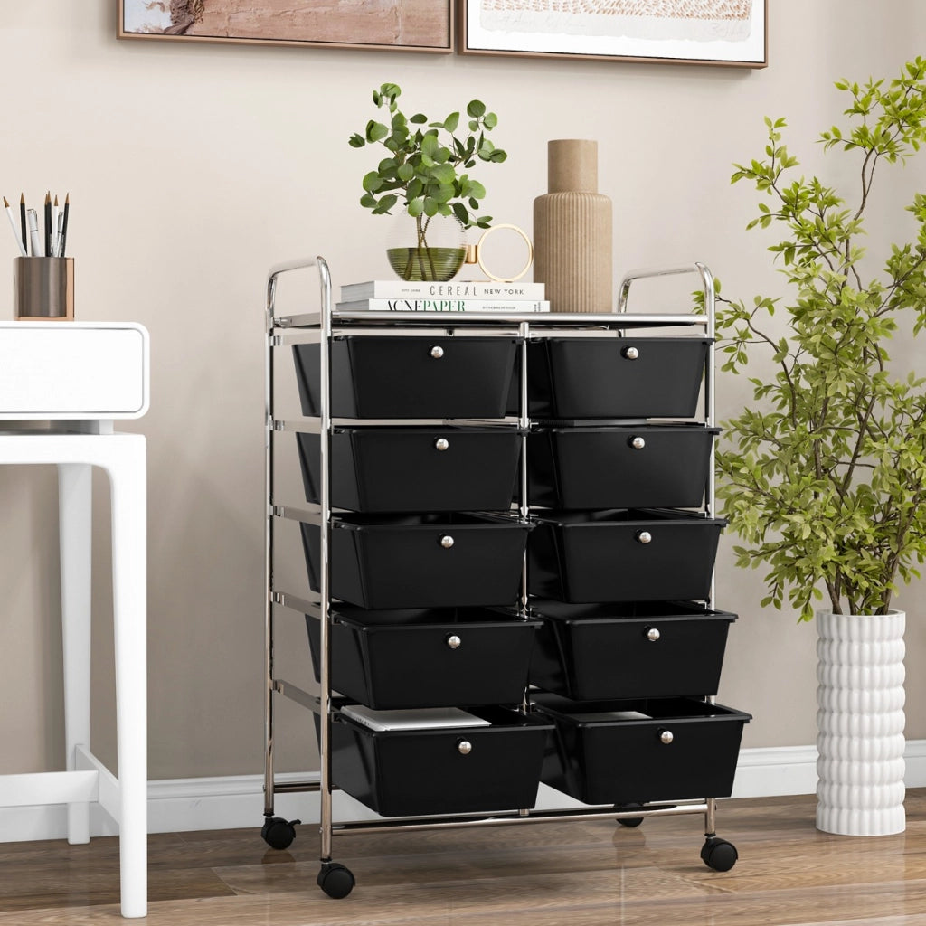 Carrello a 10 cassetti multiuso con ruote, Organizzatore per carta da scrapbooking e utensili da ufficio Nero