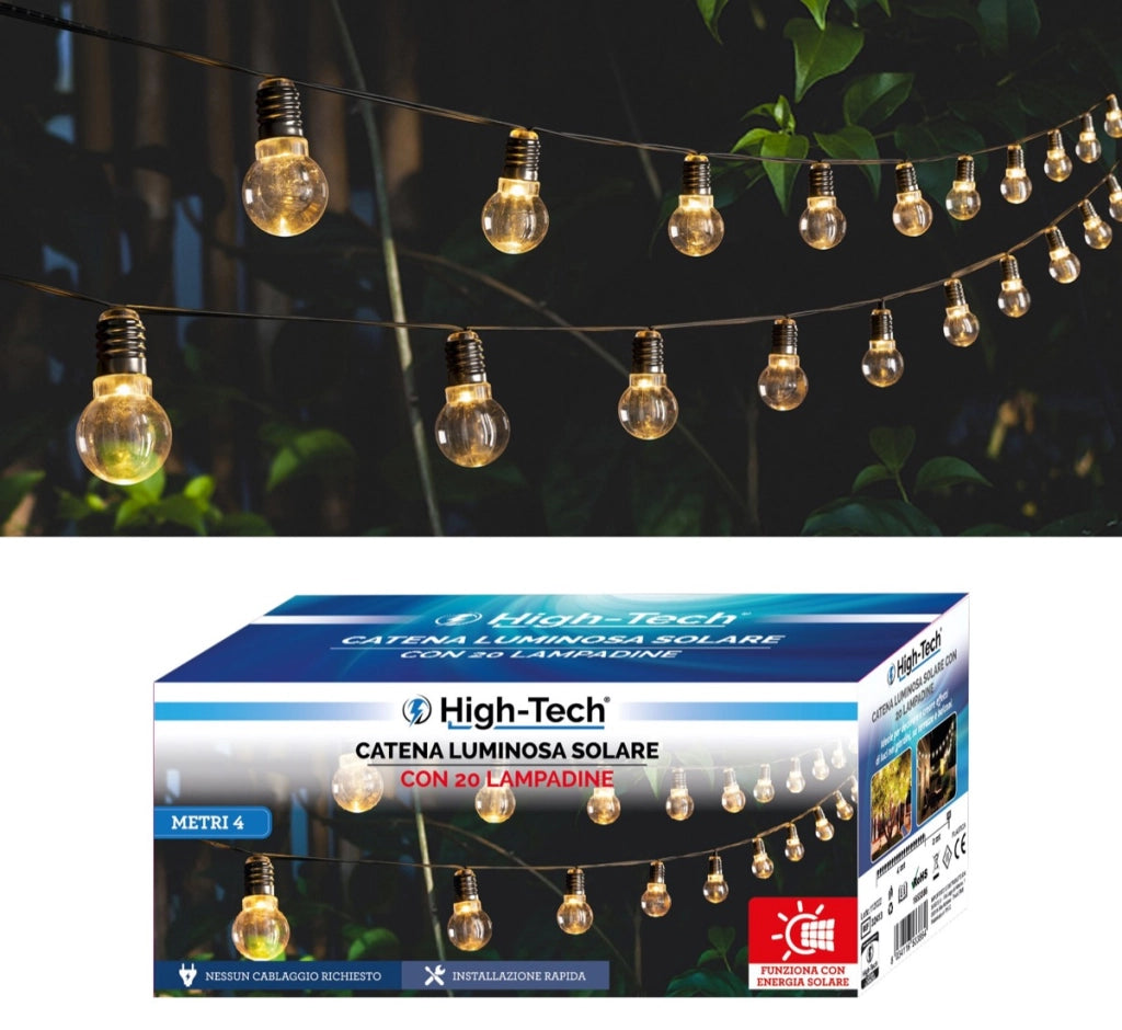 HIGH-TECH CATENA LUMINOSA AD ENERGIA SOLARE 20 LAMPADINE LUNGHEZZA 4 MT