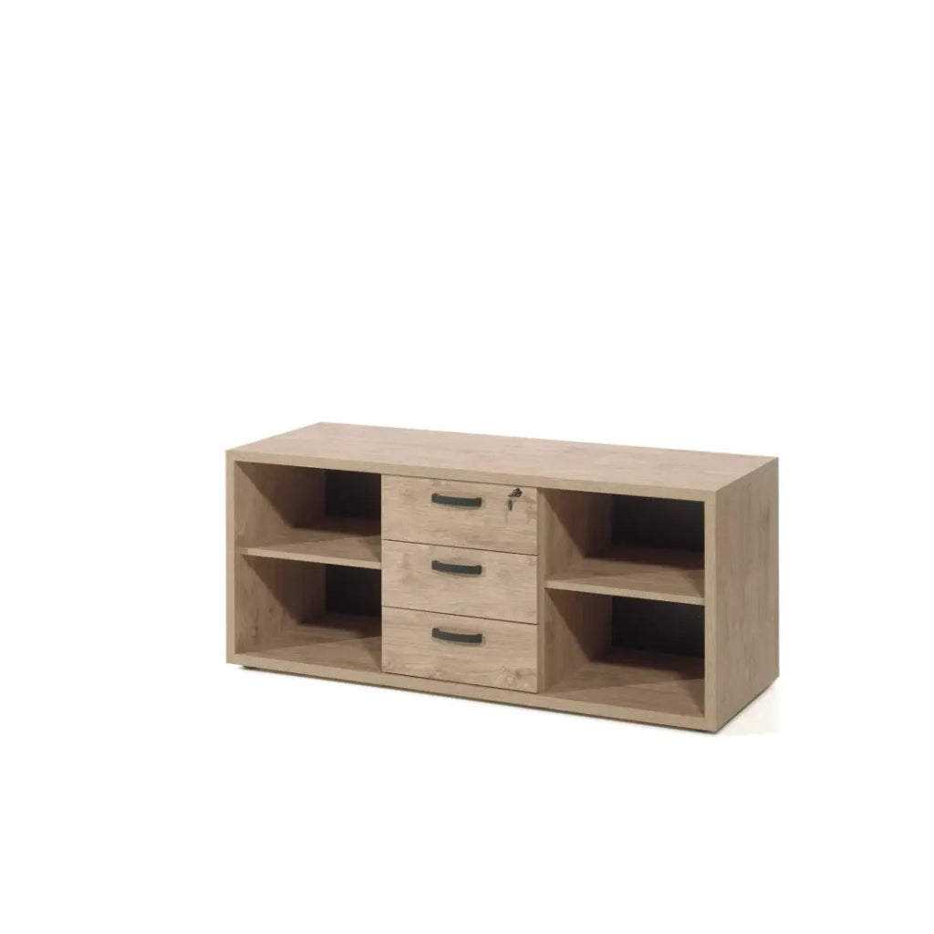 Credenza bassa per ufficio con 4 scomparti e 3 cassetti, colore rovere dorato, collezione DEPÉ