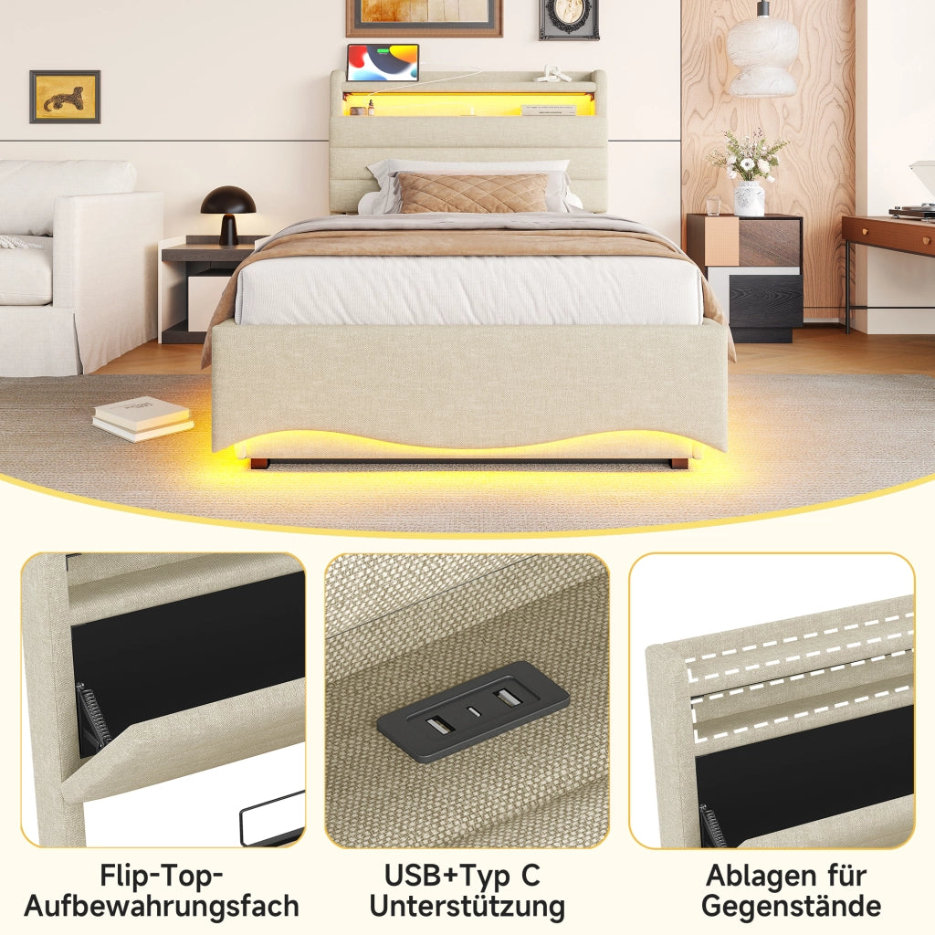 letto imbottito lino beige 90 x 200 cm