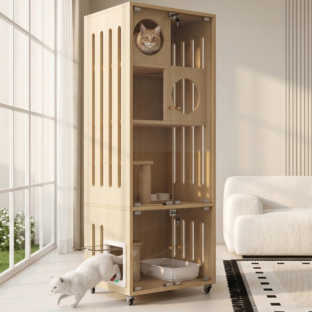 Albero tiragraffi per gatti con ruote e sportello in vetro con serratura per interno in MDF e vetro naturale 60×50×156 cm