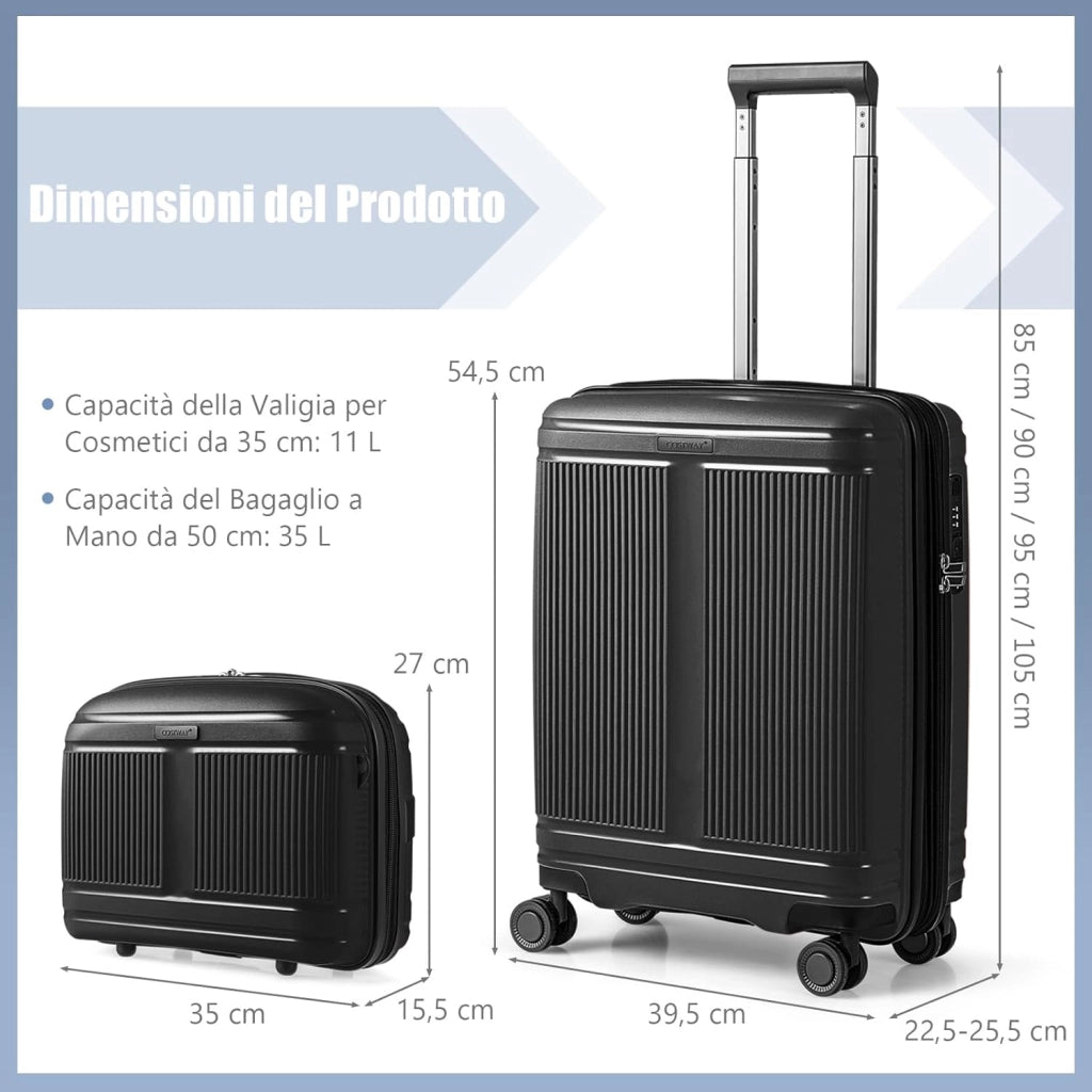 Set di Bagagli da 2 Pezzi, Valigia Trolley da 20" e Casetta da Trucco da 14" in Materiale PP Rigido Leggero con Lucchetto TSA, Porta USB e Ruote Girevoli, Bagaglio a Mano Espandibile (Nero)