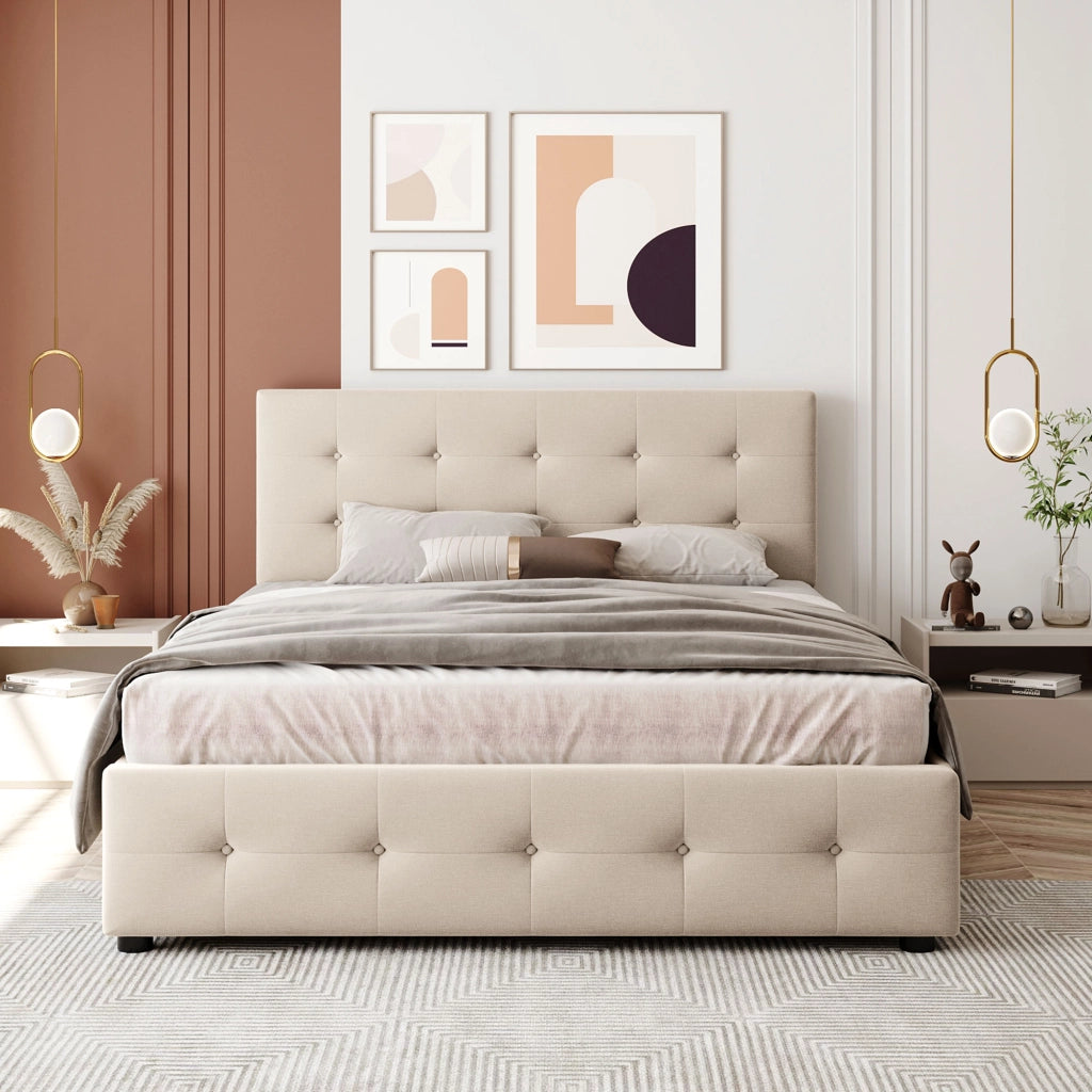 DESMIU Letto matrimoniale 140 × 200 cm 2 posti con 4 cassetti contenitori, senza materasso, in velluto, beige