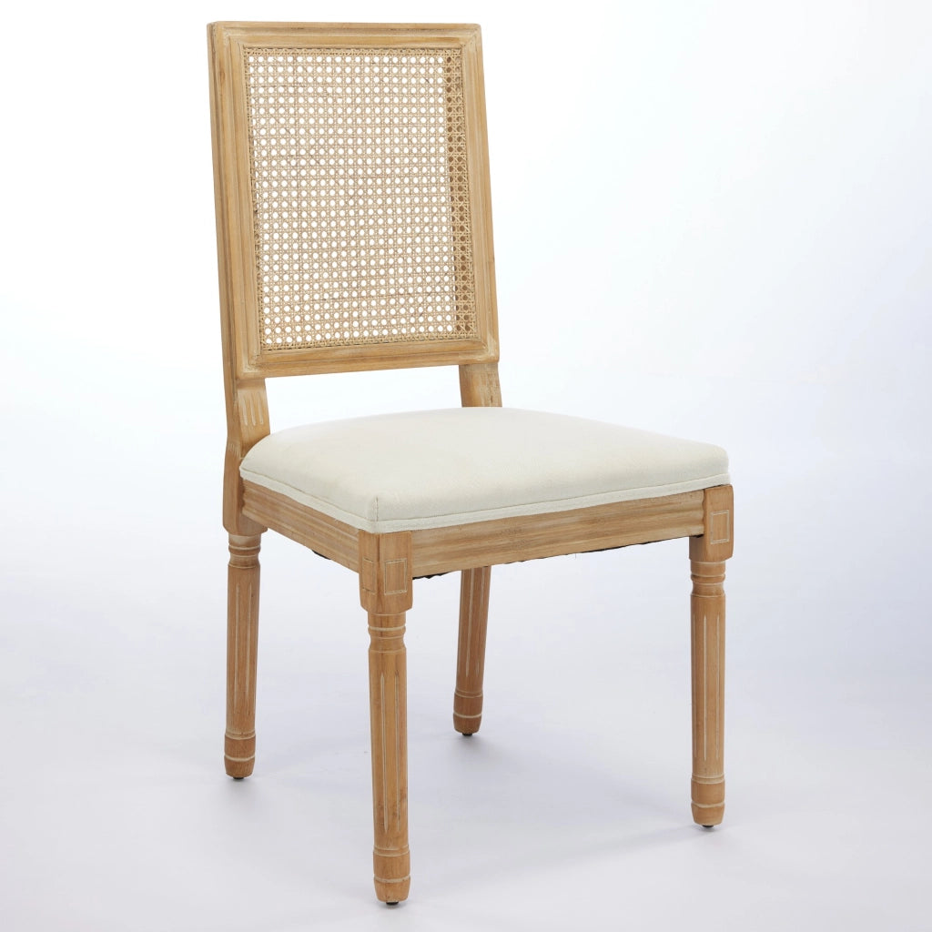 Set di 2 sedie da pranzo in stile rustico francese, struttura in legno massello anticato, schienale quadrato in rattan intrecciato, seduta rivestita i