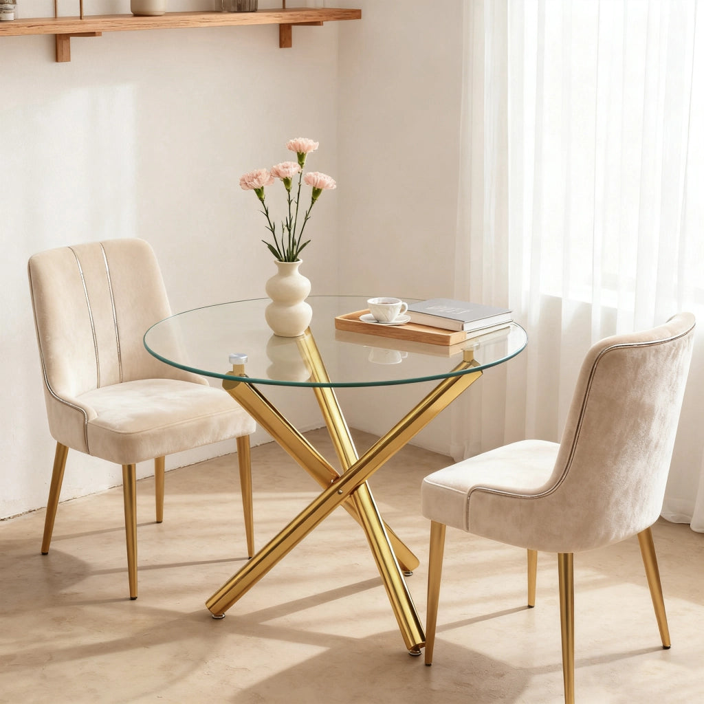 Tavolo da pranzo rotondo in vetro temperato gambe dorate 80x80x76 cm stile minimalista moderno