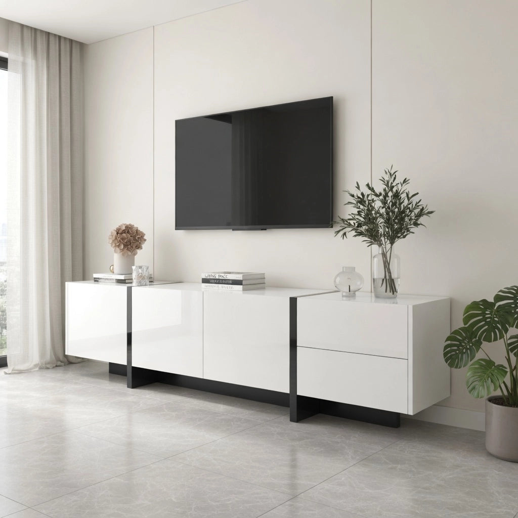 Cassettiera TV bianca lucida e nera; in truciolato; lunghezza 190 cm