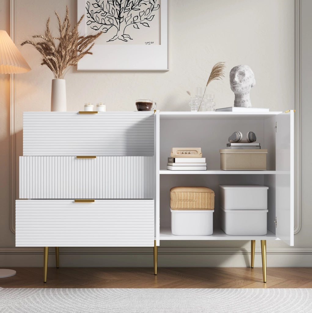 Sideboard moderno 120x38x80;5 cm in MDF bianco e oro con 3 cassetti e 2 ante