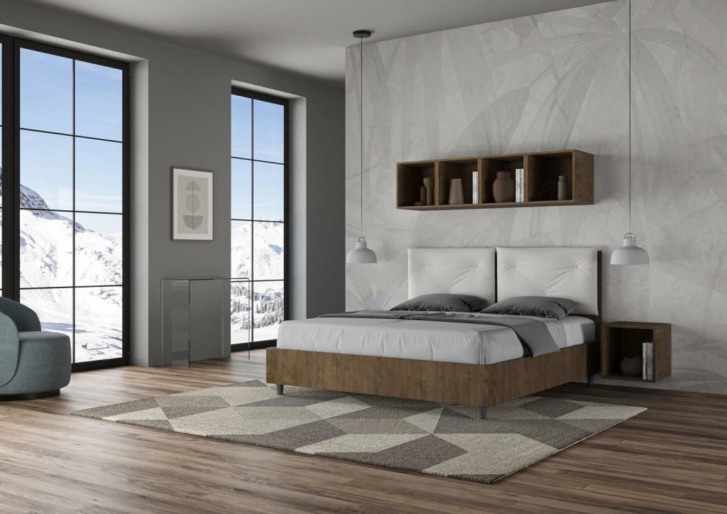 BS COM Letto matrimoniale contenitore 160x200 Noce cuscini similpelle bianco