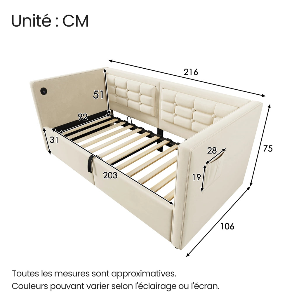 Letto a Divanetto 90 x 200 cm; Letto Singolo - Contenitore; USB e Type-C - Beige