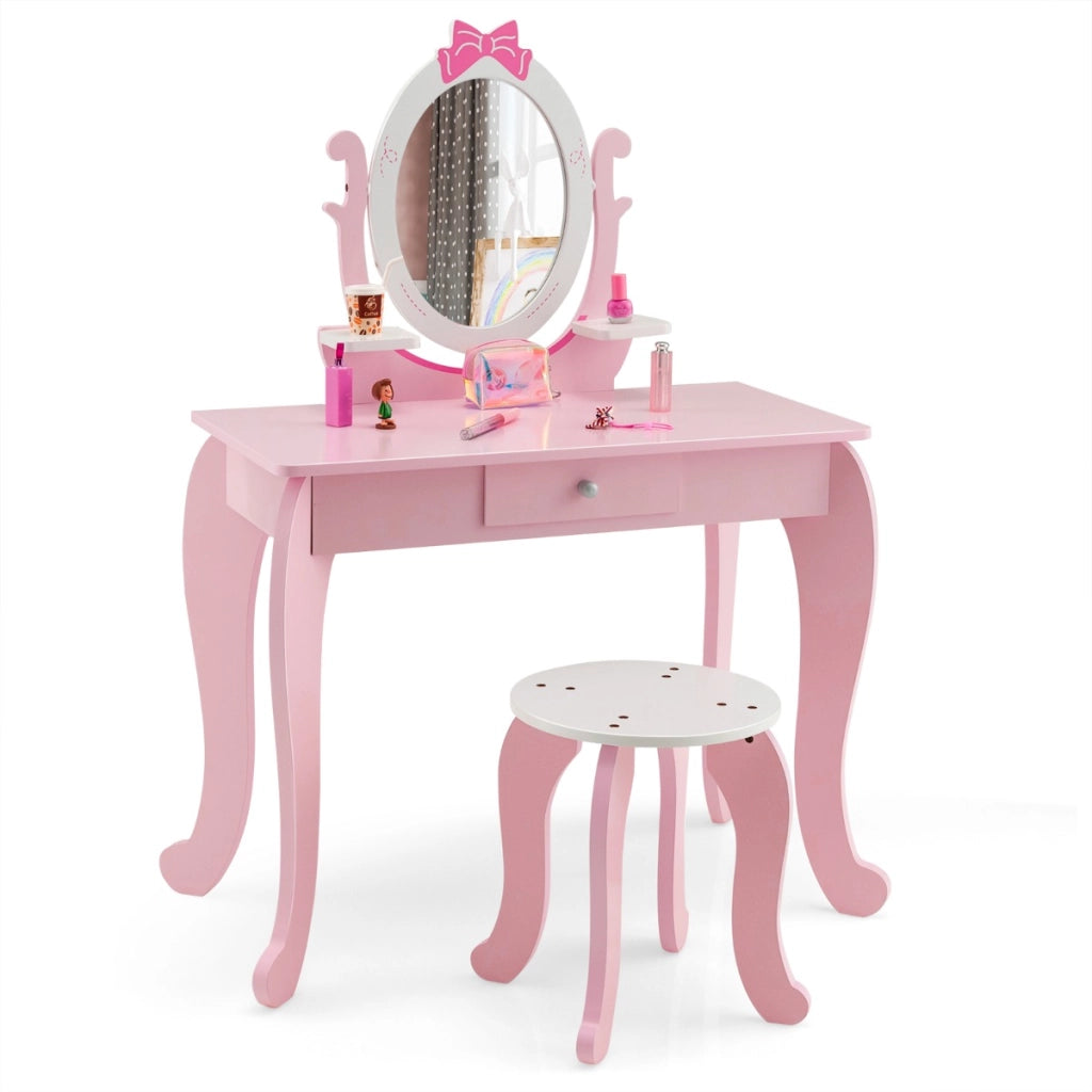 Set toeletta con specchio per bambini 3-7 anni, Tavolo con cassetti e sgabello imbottito 70x34x101cm Rosa