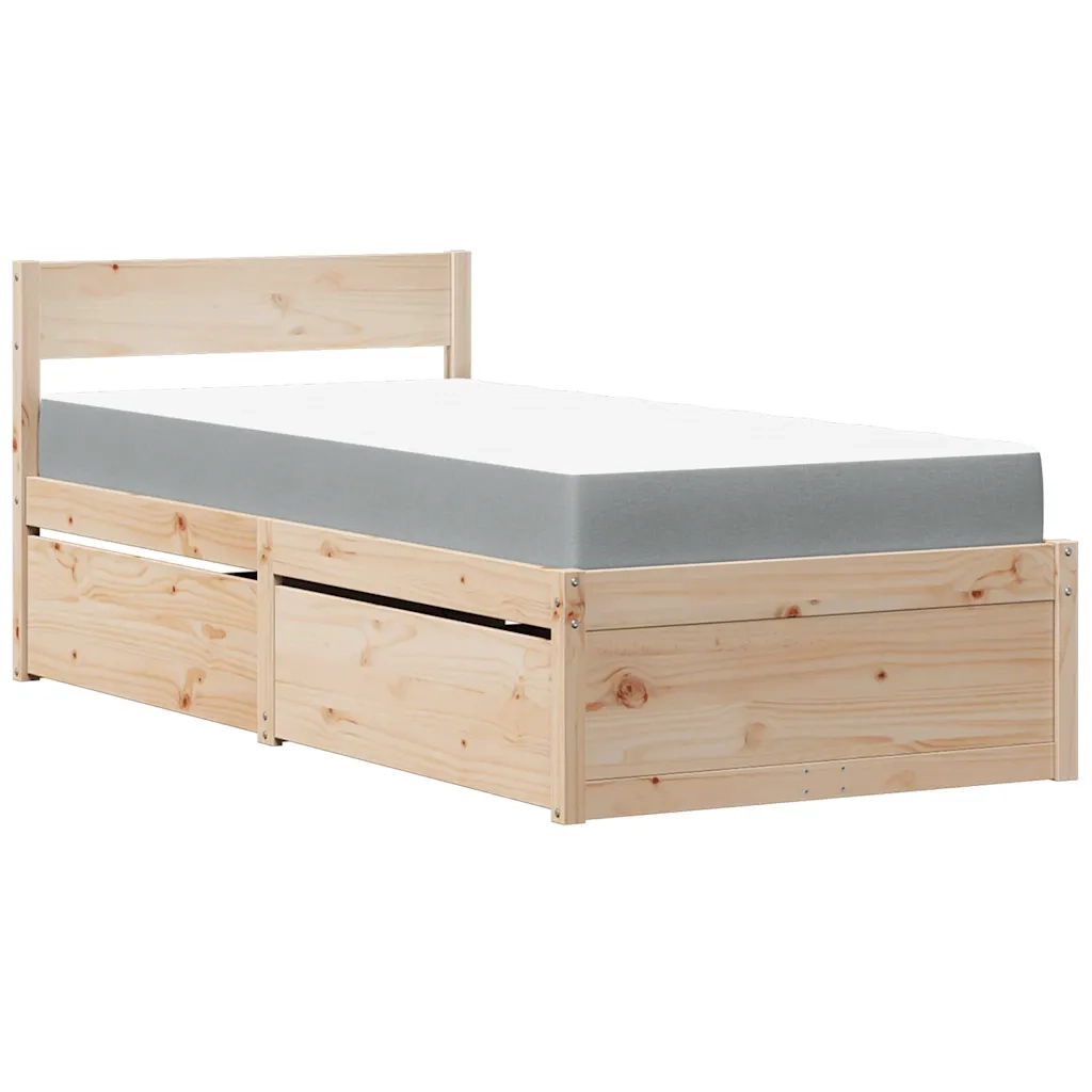 Letto singolo | Letto per adulti | Letto con Cassetti e Materasso 90x200 cm Legno Massello di Pino