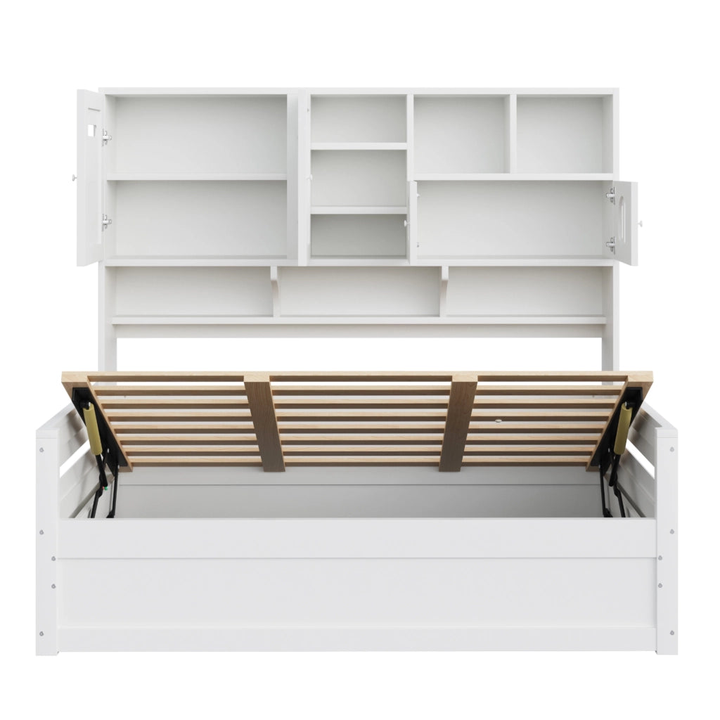 Letto singolo contenitore 90×200 cm con vani portaoggetti e rete idraulica; senza materasso; legno; bianco