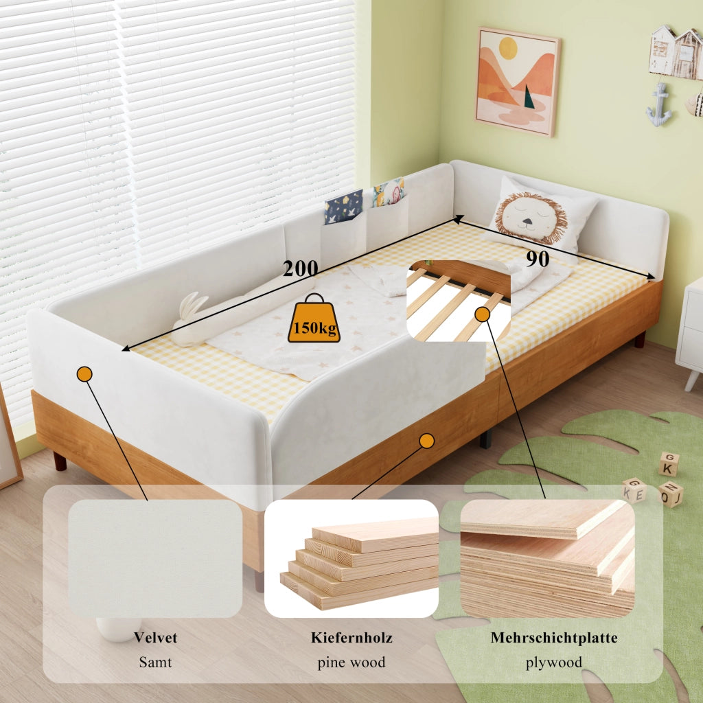 LETTO imbottito 90x200 cm in velluto bianco e legno