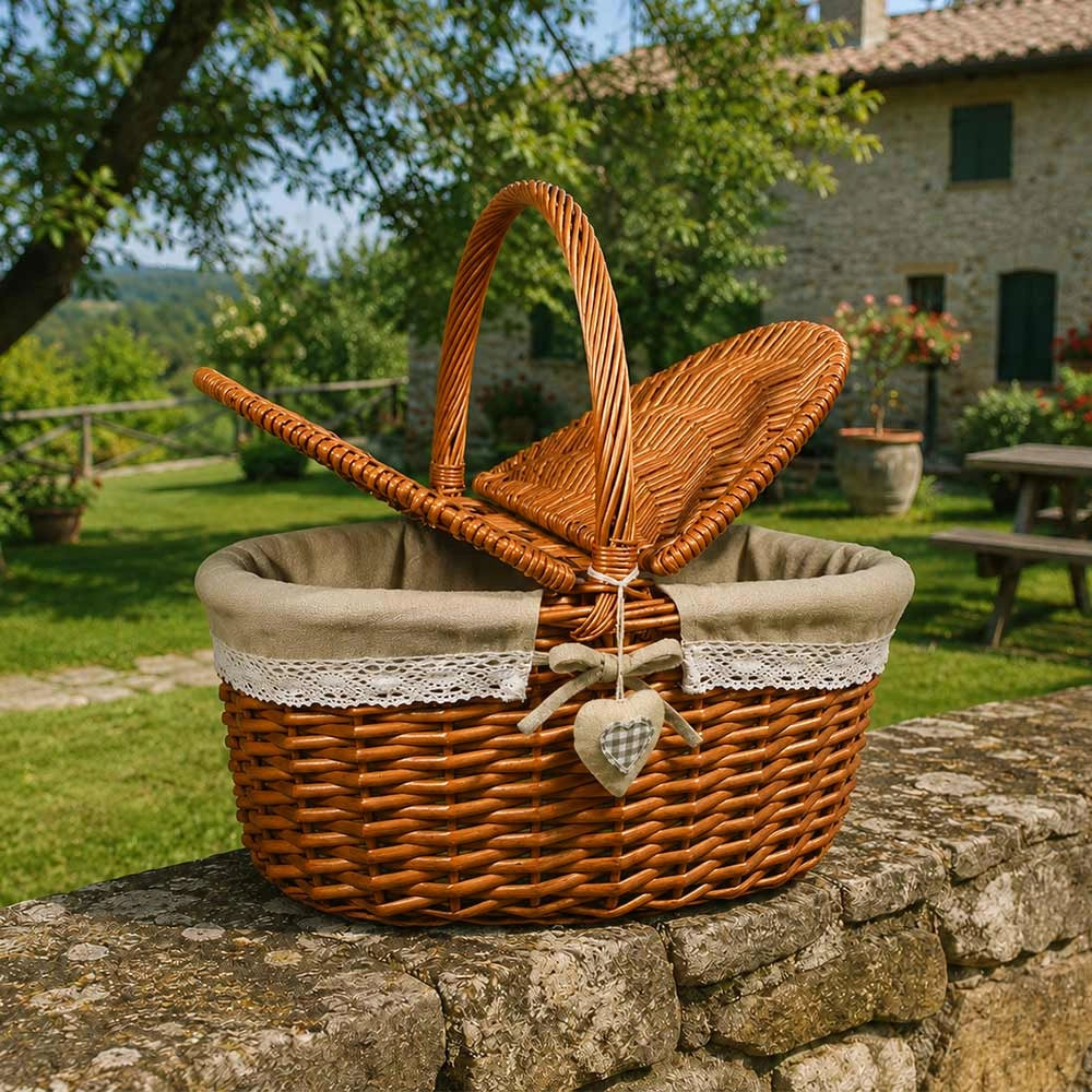 Cesto Picnic Cuore grande in Vimini e Juta con coperchio cm 45 x 35 x h 21