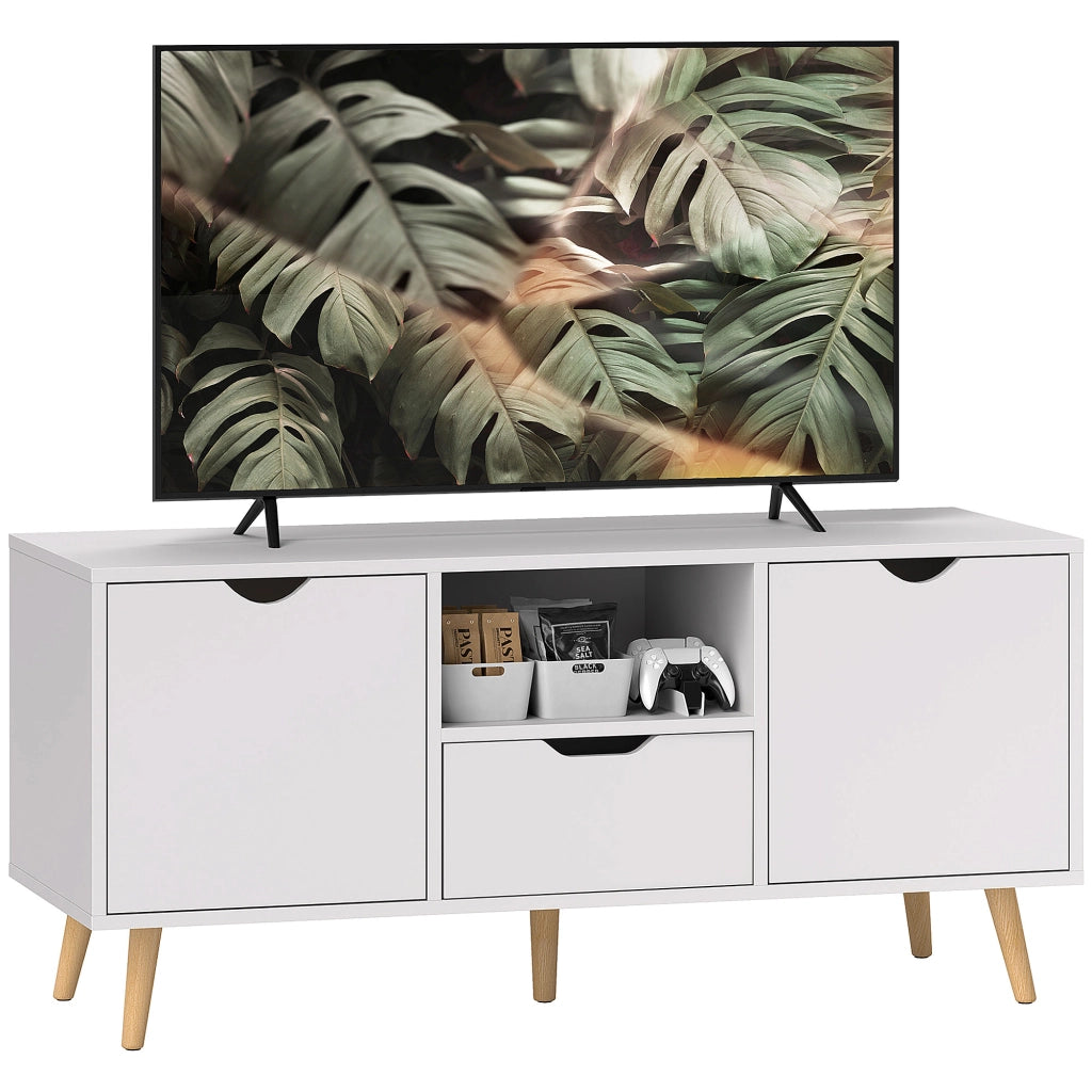Mobile TV con Cassetto, Ripiani Aperti e Armadietti ¨C zephmum ¨C 110x40x50 cm, Bianco e Legno