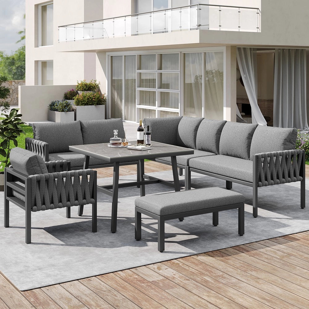 Set da giardino in ferro zincato - Zephmum - Gambe regolabili, divano angolare, piano in vetro temperato, cuscini inclusi, grigio