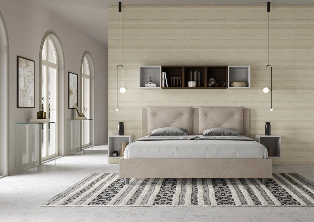 BS COM Letto con rete imbottito 180x190 microfibra sabbia