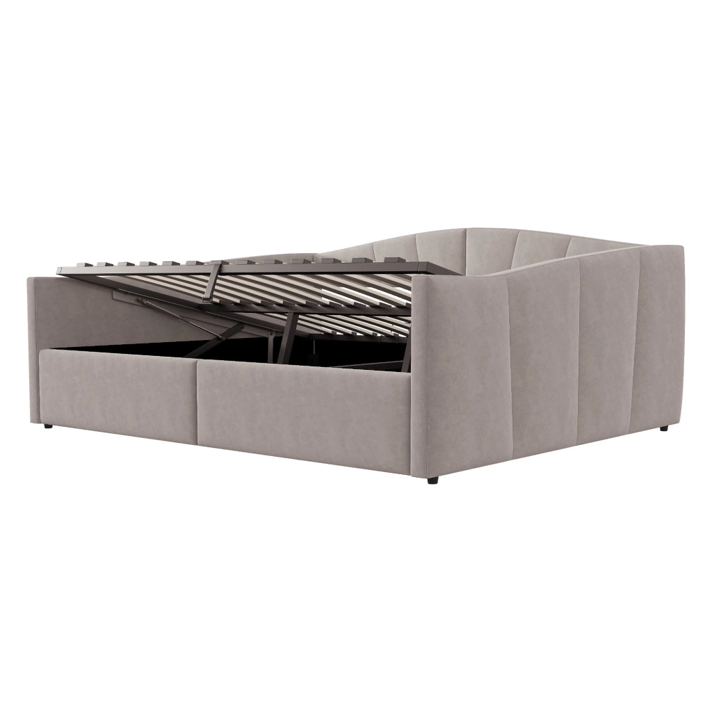 Letto Contenitore 140 × 200 cm 2 posti con vano idraulico e braccioli, senza materasso, in velluto, grigio chiaro