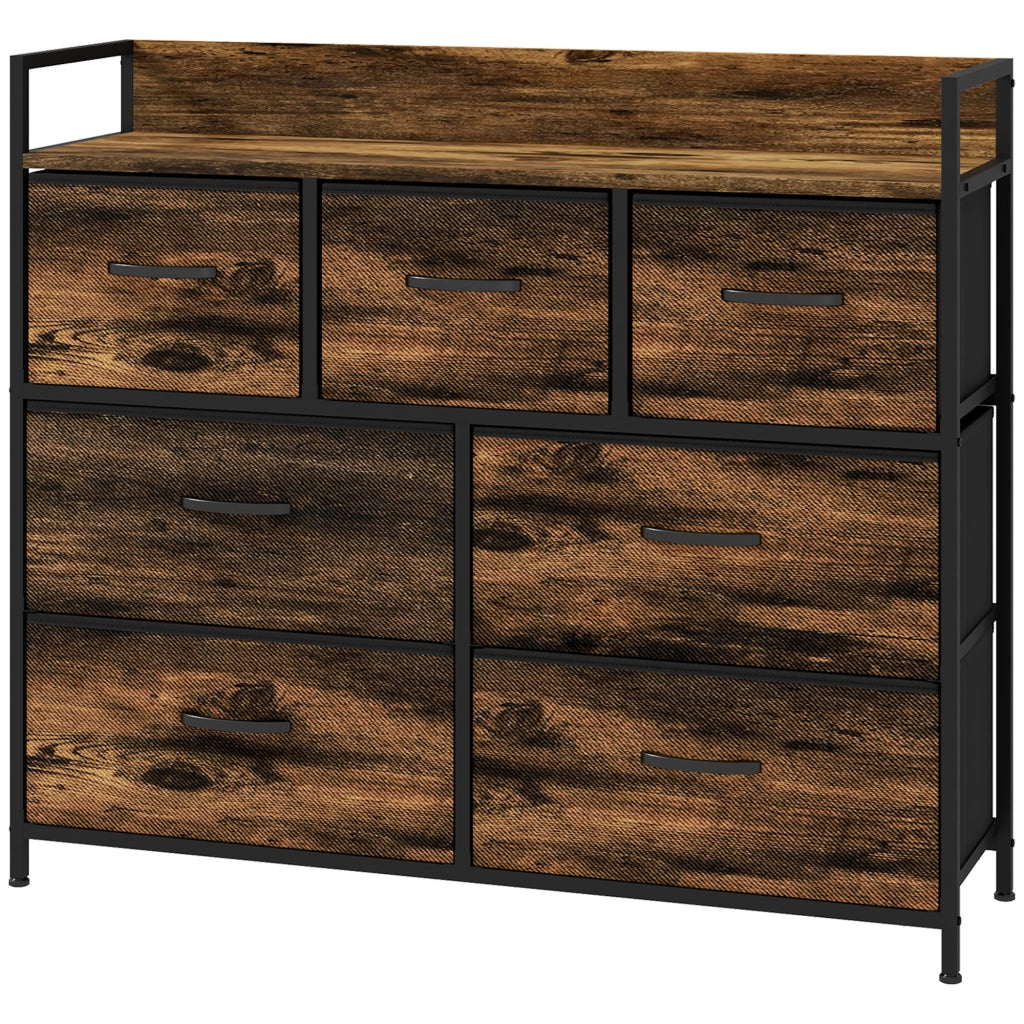 Cassettiera con 7 cassetti in tessuto, design industriale ¨C zephmum ¨C marrone/nero, 98x29x85cm