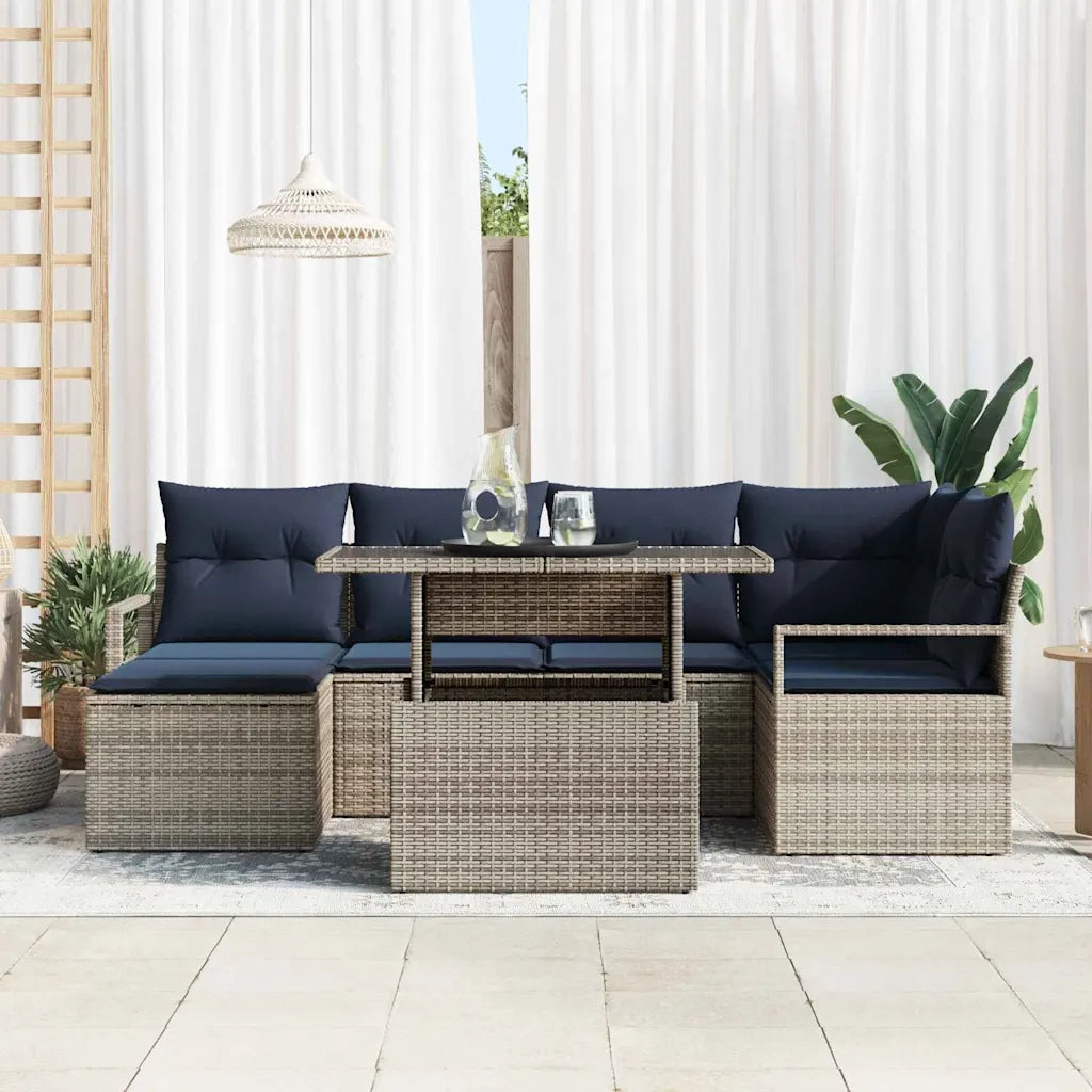 Set Divano da Giardino 7 pcs Grigio e Blu Navy Poly Rattan 3348861