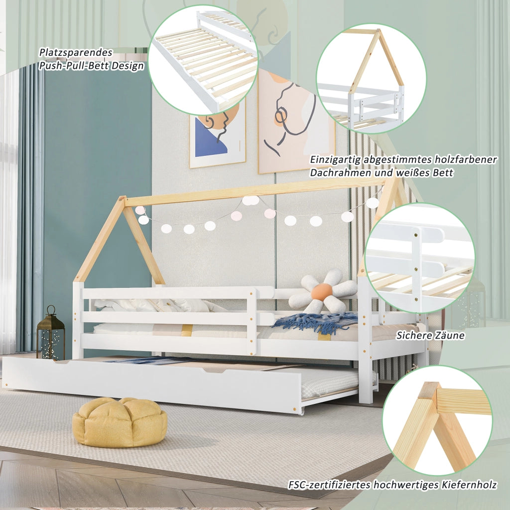 Letto a casetta bambino 90×200 cm con letto estraibile; sponde di sicurezza; senza materasso; in legno massello; bianco e naturale