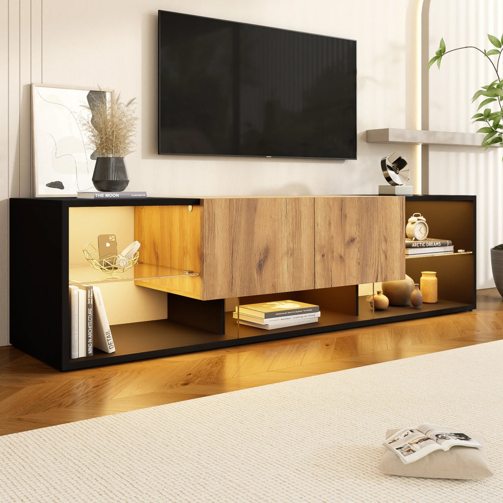 MOBILE TV con LED 160x40x42 cm Nero e effetto legno con 2 cassetti