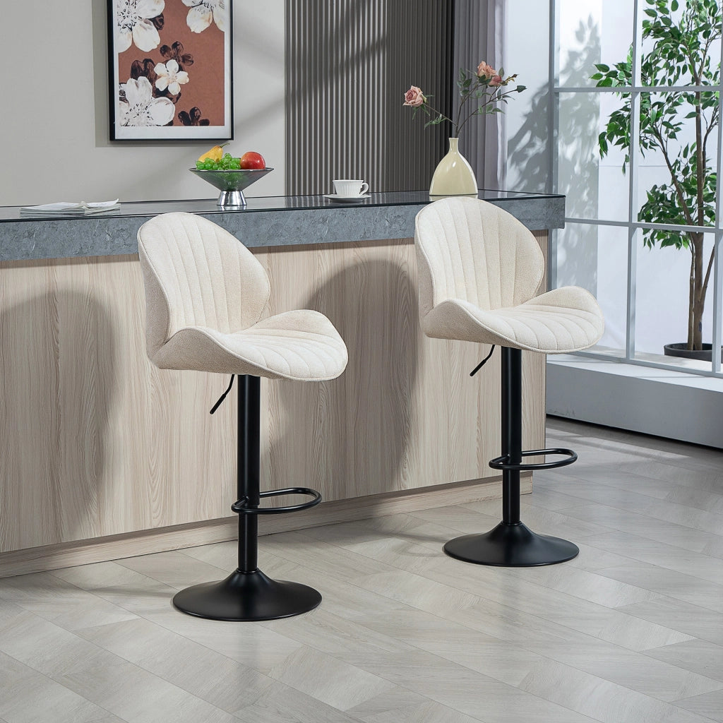 Set 2 Sgabelli da Bar con Schienale a Conchiglia 48x50x94-115 cm in Tessuto Effetto Ciniglia Nero e Beige